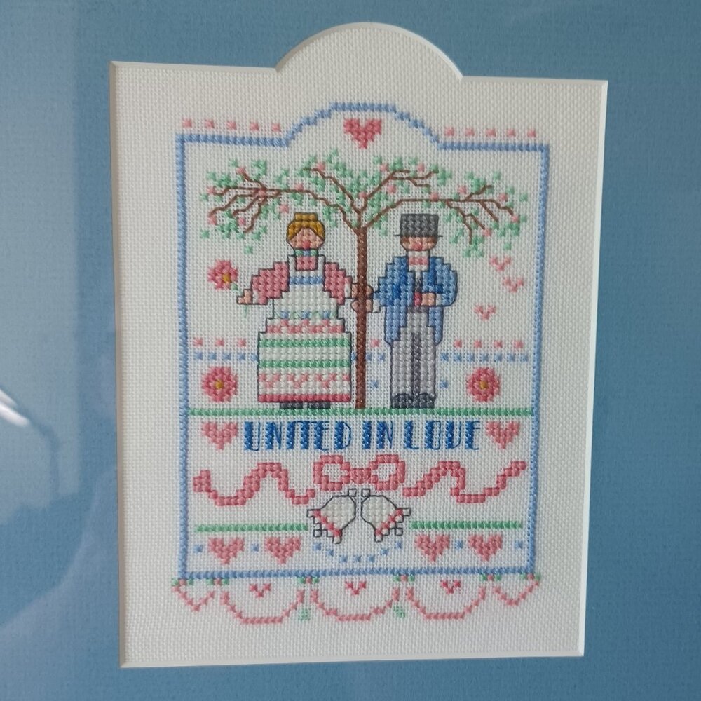 Vintage Cross Stitch Wall Hanging United in Love Wedding Bride and Groom